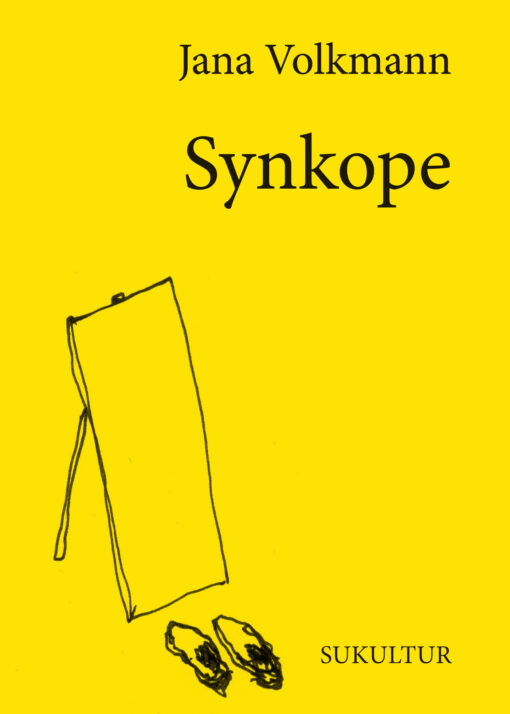 Buchcover "Synkope" von jana Volkmann mit einer Illustration von Bernhard Wollborn, die einen Spiegel und ein paar Schuhe zeigt